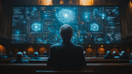 Wall Mural - a man is sitting in a theater watching a computer monitor. the monitor is filled with various screen