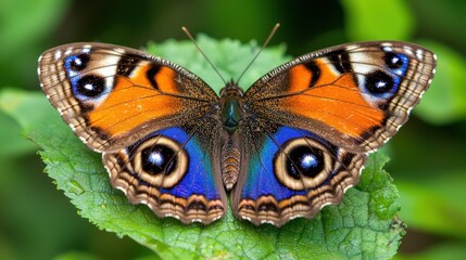 Wall Mural - Vibrant peacock butterfly perched on a green leaf.