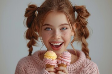 Wall Mural - Funny teenage girl with pigtails in a pink sweater closed her eyes with happiness. She holds an ice cream with both hands.