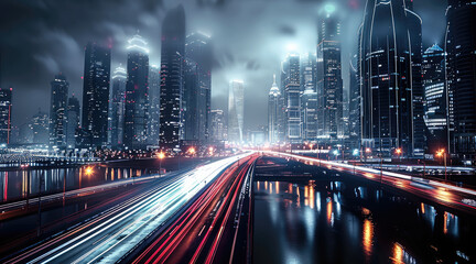 Aufkleber - A night modern city with abstract light trails.
