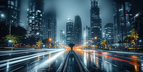 Aufkleber - A night modern city with abstract light trails.