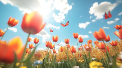 Poster - Vibrant Spring Meadow A Tapestry of Blooming Red Tulips, Butterflies, and the Essence of Nature