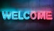 © Shousei - 鮮やかな青とピンクが点滅するネオン風「Welcome」がコンクリートの壁に映える洗練されたデザイン
