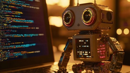 Retro robot coding on laptop at sunset.