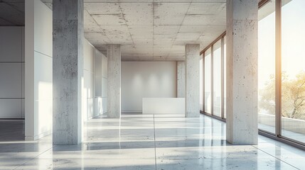 Fototapete - A minimalist white kitchen, in an apartment with concrete floors and raw plaster walls. The space features industrial elements.
