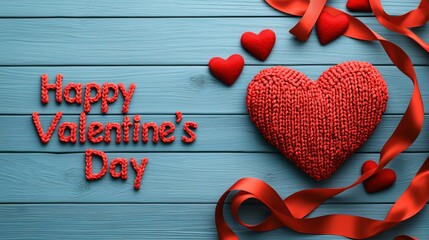 happy valentine and hearts special. happy valentine's day with red hearts and ribbons on a blue wood