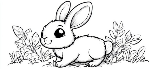 Wall Mural - vector style black and white coloring page featuring a simple contour outline of a rabbit