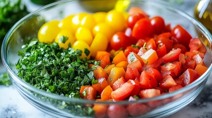 Wall Mural - Vibrant Summer Salad with Fresh Herbs In Glass Bowl, Healthy Eating Blogging Concept.