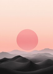 Wall Mural - A mountain range with a large pink sun in the sky