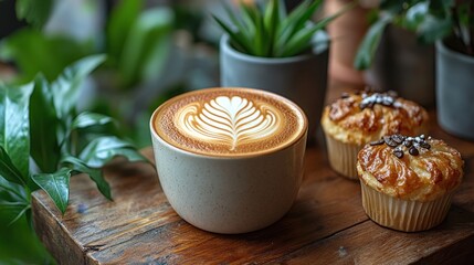 Wall Mural - Latte art coffee cup with muffins on wooden table.