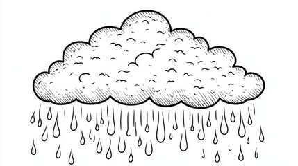 Wall Mural - Black And White Vector Outline Of A Single Cloud With Rain, Drawing For Coloring Book