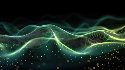 Fototapete - Wallpaper, double abstract green technology wave. Flow of particles. Big data transfer visualization. Black Background.