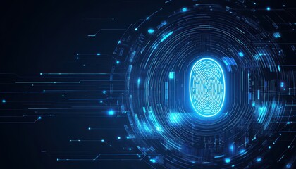 Microchip with fingerprint scanner glowing in dark background, biometric cybersecurity concept