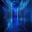 © niti - Futuristic server room glowing with blue holographic data streams, cybersecurity network protection concept