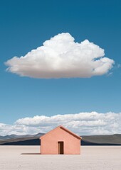 Wall Mural - A small red house is standing in the middle of a desert