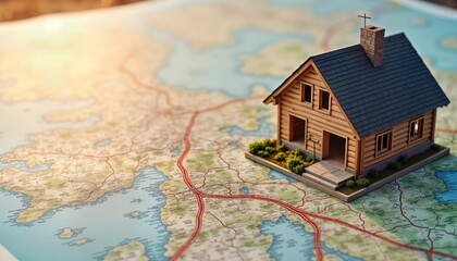 Fototapete - Miniature wooden house sits on cadastral map. Illustrates real estate planning concept. Shows vacant land parcel for new home construction. Focuses on housing development, property survey. Suggests