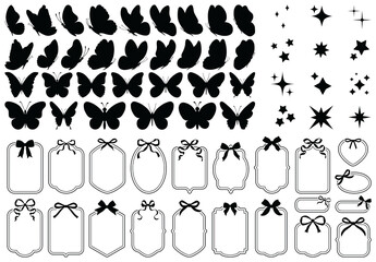 Wall Mural - Simple hand drawn black ribbon bows and frames. Bowknot for decoration, big set of bowtie. Large retro hand drawn ribbon illustration set. Set of various cartoon bow knots, gift ribbons. Butterfly set