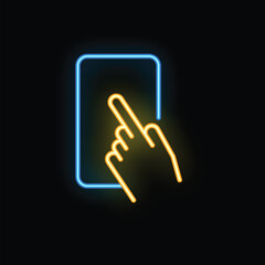 Wall Mural - glowing neon icon of a hand with a finger extended, pressing a button on a smartphone screen