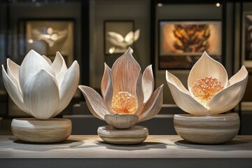 Aufkleber - This image showcases three exquisite ceramic flower-shaped lamps in an art gallery, beautifully illuminated to highlight their delicate details and artistic craftsmanship.
