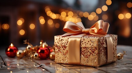 A Beautiful gold gift box with a Red bow on top with silver background.