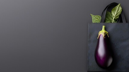 Wall Mural - Single eggplant in dark reusable shopping bag on grey background.