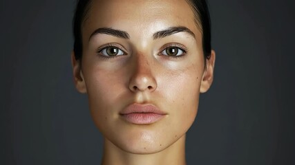 Wall Mural - A woman with a pale face and dark hair is standing in front of a dark background. She has a very pale face and dark hair, and her eyes are closed