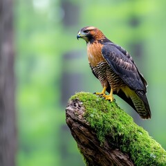 resting gracefully on a moss-laden branch, a noble hawk is enveloped by a vibrant green forest, maki