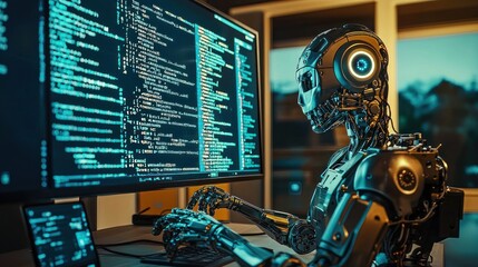 Robot programmer coding at night.