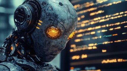 Weathered robot studying code on a screen.