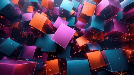 Fototapete - Abstract geometric shapes, metallic and neon surfaces, floating in a dark void, futuristic and high-tech ambiance, sharp contrasts.