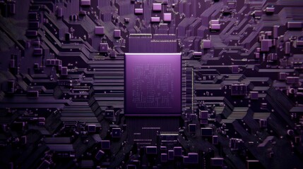 Poster - Abstract representation of a modern microchip with intricate purple circuit patterns, showcasing technological advancements and digital innovation in electronics