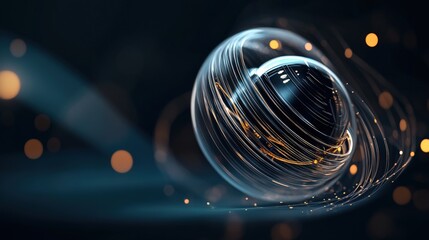 Fototapete - Abstract design with glowing sphere and dynamic light trails, showcasing energy and motion in a dark background for creative visual inspiration and innovation.