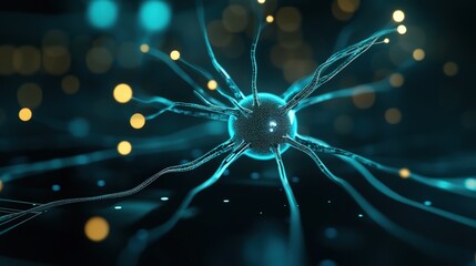 Poster - Abstract illustration of a glowing neural cell with intricate connections representing neural networks, technology, and the foundations of artificial intelligence and brain activity