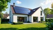 © Pete - Modern single-family house in Germany with solar panels on roof. Eco-friendly home with green energy. Stylish design. Residential property in quiet suburb. Sustainable construction for eco-living.
