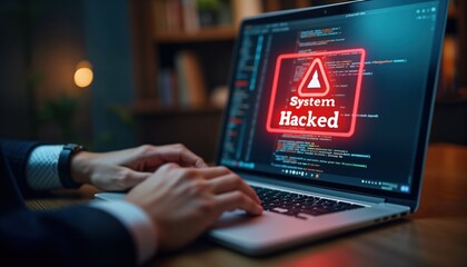 Businessperson checks system vulnerability on laptop. Red alert message System Hacked appears on screen. Person typing on laptop keyboard in dark office. Tech expert examines breached network.