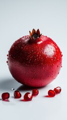 watercolor pomegranate on a wooden table,pomegranate halved with seeds,isolate on white background