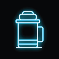 Wall Mural - Blue neon sign of a french press coffee maker glowing on black background