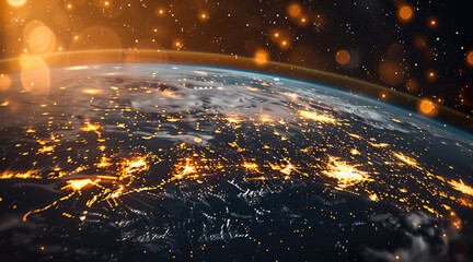Fototapete - Earth from space, Planet Earth, black and gold color scheme, city lights.