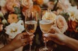 © ChaoticMind - Two hands holding champagne flutes clink together in a celebratory toast amid a lush floral arrangement of variously colored roses, exuding joy and togetherness.