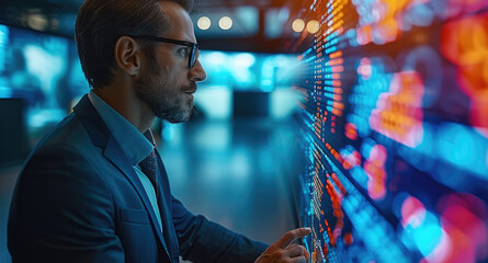 Poster - An elegant businessman doing complex calculations on a giant screen in a fun, colorful atmosphere.