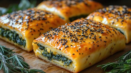 Wall Mural - Four golden-brown spinach and cheese pastries, sprinkled with sesame seeds, on a wooden board with rosemary sprigs.