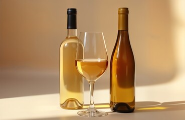 Two white wine bottles, wine glass display elegance. Different shades of white wine displayed. Still life concept. Product shot ideal for wine shop. Focus on quality beverages. Simple minimalist