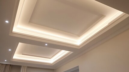 Wall Mural - Spanish-inspired dining room with a tray ceiling featuring clean white plasterwork and recessed lights