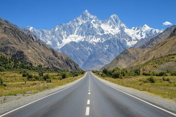 Poster - Majestic mountain view along a deserted highway in a remote landscape during bright daylight