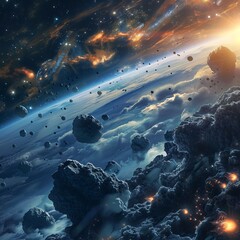 Wall Mural - atmosphere of planet earth with asteroids and stars.