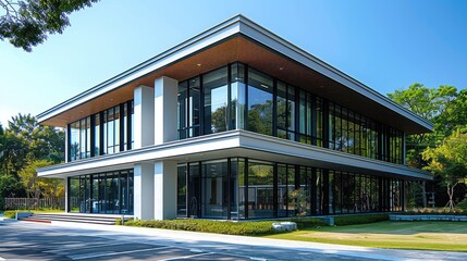 Poster - A two-story office building with a symmetrical gable roof, with the roof flush with the facade.