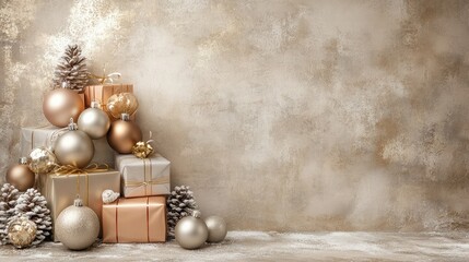 Wall Mural - Warm-toned banner of Christmas baubles and gifts arranged creatively on a soft textured background