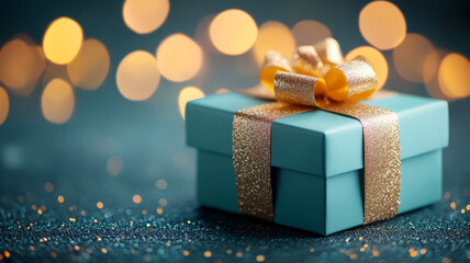 Wall Mural - Elegant Blue Gift Box with Gold Ribbon Sitting on Sparkling Background with Soft Bokeh Lights