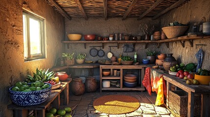 Poster - Sunlit rustic kitchen with earthen walls, wooden shelves, and various cookware and produce.