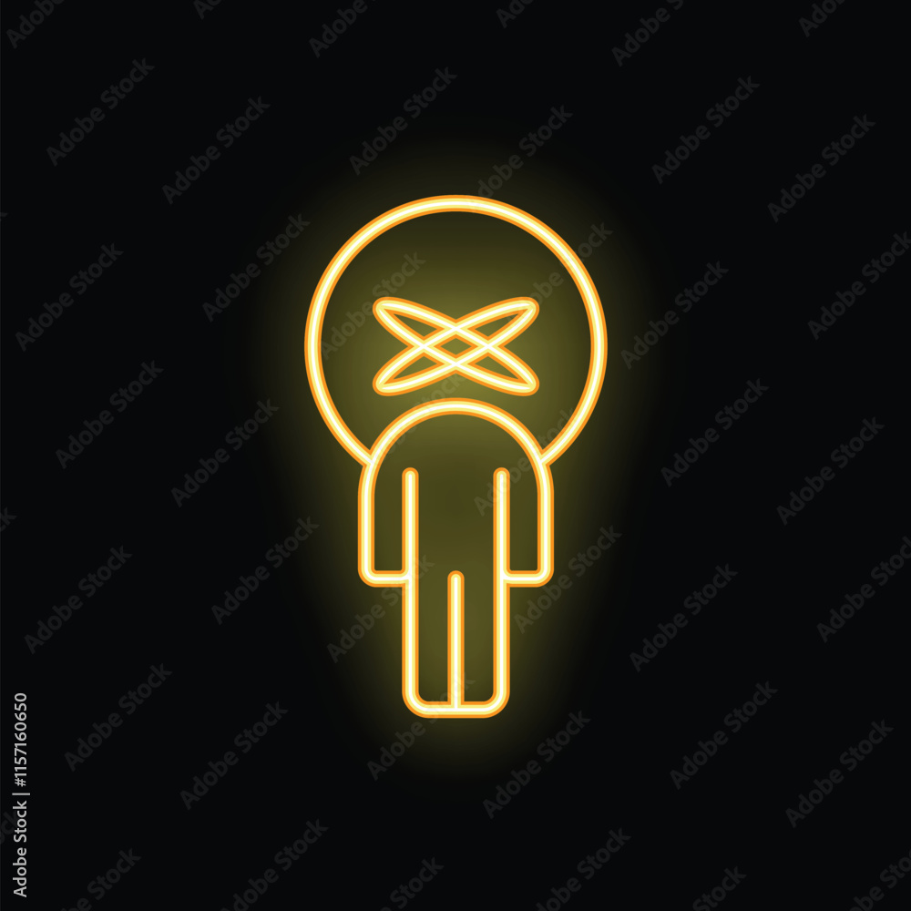 Yellow neon sign representing a human figure with a shining atom symbol ...